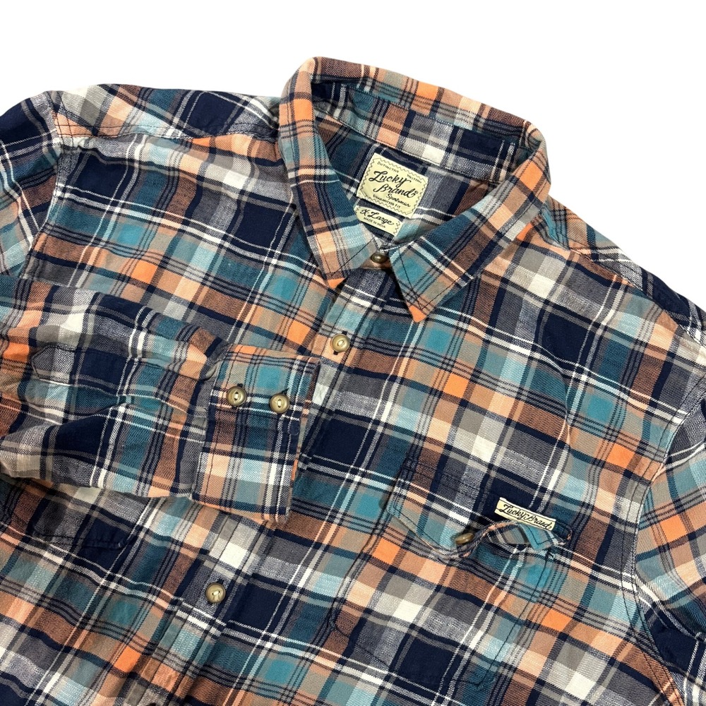 Lucky Brand Mens XL Western Plaid Button Down Shirt Blue‎ Orange Flannel